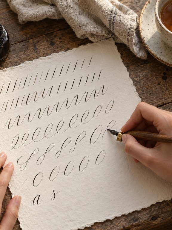 Mano practicando trazos de caligrafía con plumilla sobre papel de algodón